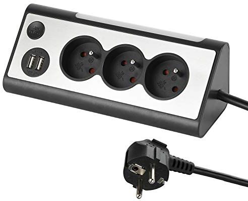 Electraline , Blocco multipresa angolare, 3 prese, 2 porte USB interruttore ON/OFF per spegnere/accendere il LED, cavo 1,5 m, grigio/nero