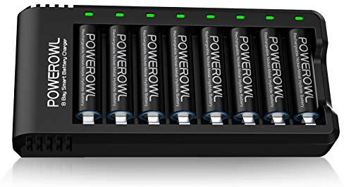 POWEROWL Batterie Ricaricabili AA,  8 Pezzi 2800 mAh Batterie 1,2V Ni-MH 1200 cicli Alta Capacità con Caricabatterie 8 Slot (Ricarica Rapida USB, Slot Indipendente)