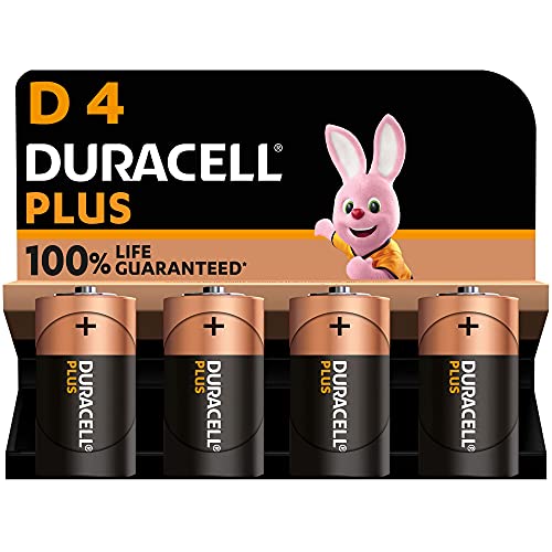 Duracell Batterie Plus D (pacco da 4) Alcalina 1.5V Fino al 100% di extra durata Affidabilità per i dispositivi a uso quotidiano 0% plastica nel pacco 10 anni di conservazione- LR20 MN1300