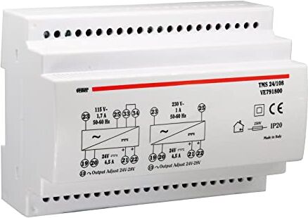 VEMER VE791800 TMS 24/108 Alimentatore 24V Switching Stabilizzato, Trasformatore con Installazione da Barra DIN, Tensione di Uscita 24 Vdc, Potenza 108 W, Bianco