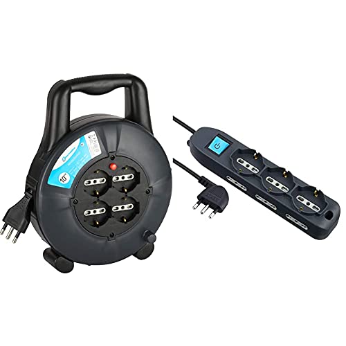 Electraline 49026 Prolunga Elettrica Con Avvolgicavo 10 Mt, 4 Prese Polivalenti, Schuko + 10/16A, Spina 16A, Sezione Cavo 3G1,5 Mm & 62039 Multipresa 9 Posti Con Cavo, Nero, 3 M