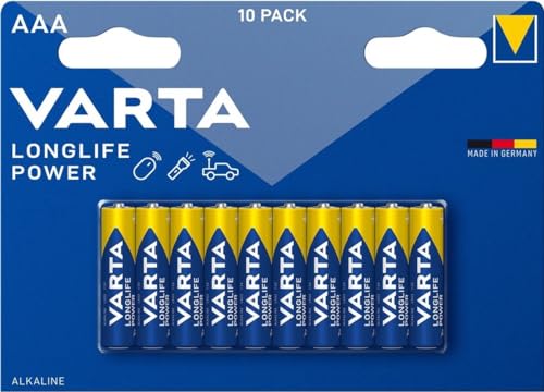 Varta Longlife Power Batterie AAA Micro LR03 (pacco da 10) Batteria alcalina Made in Germany Ideali per giocattoli, torce, controller e altri dispositivi a batteria