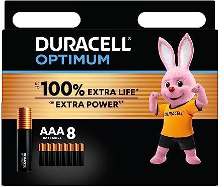 Duracell Batterie OptimumAAA(pacco da 8)-alcaline da1.5V Fino al 100%di extra durata o extra potenza -Soddisfano i requisiti dei dispositivi moderni pacco100%riciclabile,0%di plastica -LR03 MX2400