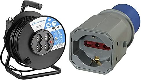 Electraline 49028 Prolunga Elettrica Con Avvolgicavo, 50 M, 4 Prese Polivalenti Spina Grande 16A & 80863 Adattatore Spina A 3 Poli Industriale Cee Presa Polivalente Adatto Per Camper, Campeggio