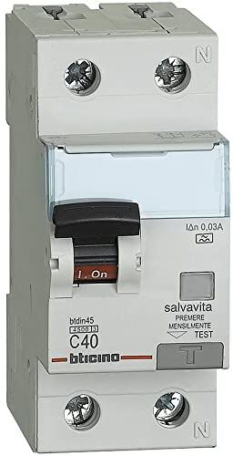 BTicino GA8813A40 BTDIN45 SALVAVITA 1P+N Tipo A Differenziale Magnetotermico Interruttore, 40 A Corrente di Dimensionamento, 4.5kA Potere di Interruzione Nominale Secondo, 230 V Tensione, 2 Moduli