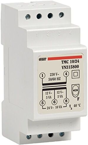 VEMER TMC 10/24 Trasformatore 24V per Servizio Continuo, Installazione su Barra DIN, Potenza 10V, Bianco