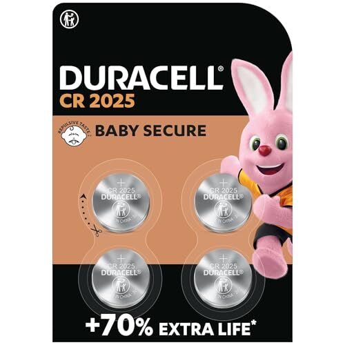 Duracell Batterie  a moneta al litio 2025 da 3 V (confezione da 4) Fino al 70% di extra durata Tecnologia Baby Secure Per chiavi auto, orologi fitness, occhiali 3D Confezione a prova di bambino