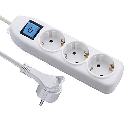 Electraline Multipresa a 3 prese Schuko con interruttore ON/FF, cavo 1,5 m, sezione 3G1, spina extra piatta, colore bianco