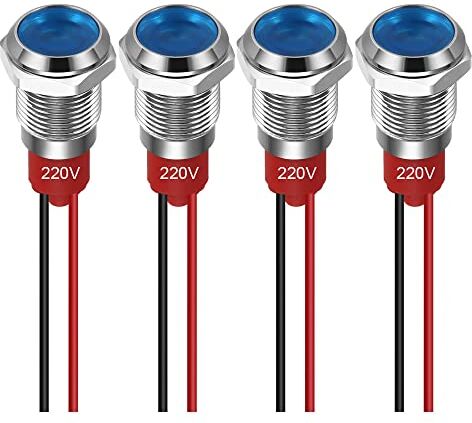 Guuzi 4pcs 10mm Indicatore LED 220-230V Indicatore Luminoso Impermeabile Pannello in Metallo Indicatore LED Indicatore Luminoso Montaggio a Pannello Testa Piatta con Fili Guscio Argento (Blu)