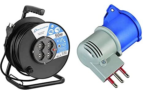 Electraline 49028 Prolunga Elettrica Con Avvolgicavo, 50 M, 4 Prese Polivalenti Spina Grande 16A & 80958 Adattatore Spina Italiana Grande 16A Presa Industriale Iec Con Coperchio Adatto