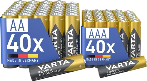 Varta Batterie 40x AA & 40x AAA, confezione da 80, pile Mix Pack, Power on Demand, Alcaline, pacco di stoccaggio in confezione ecologica, Made in Germany [Esclusivo su Amazon]