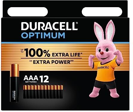 Duracell Batterie Optimum AAA(pacco da 12)-alcaline da 1.5V-Fino al 100%di extra durata o extra potenza-Soddisfano i requisiti dei dispositivi moderni pacco100%riciclabile,0%di plastica- LR03 MX2400