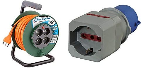 Electraline 49108 Prolunga Elettrica 25 mt con Avvolgicavo 4 Prese Polivalenti & 80864 Adattatore Industriale da CEE a Schuko 2 Prese 10/16A Italiane, Blu