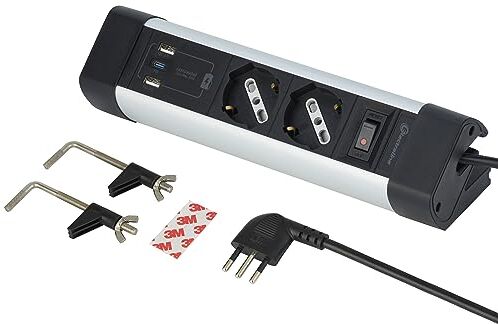 Electraline Multipresa Scrivania 2 Posti Polivalenti, Schuko + 10/16 A, con 3 USB (2 USB A 3.0A + 1 USB C 20W Power Delivery), Cavo H05VV-F 3G.1 lunghezza 2M, protezione contro sovratensioni