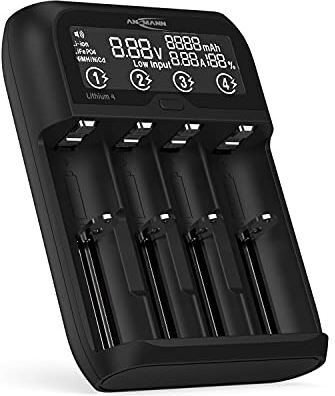 Ansmann Universal Battery Charger "Lithium 4" per Li-ion 18650 21700 26650 22650 18500 e molti altri. & NiMH AA/AAA/Baby C Caricabatterie per celle agli ioni di litio e batterie NiMH, USB C