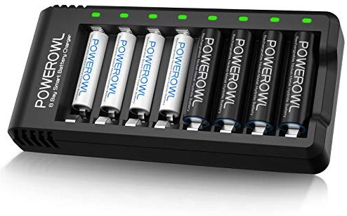 POWEROWL Batterie Ricaricabili AA AAA Con Caricabatterie 8 Slot (Ricarica Rapida USB, Slot Indipendente) (Caricabatterie+4*AA+4*AAA)