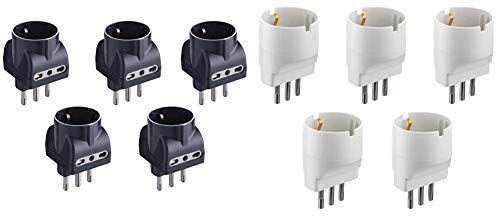 Electraline 92298 Set 5 Adattatori 3 Posti 1 Schuko + 2 Bivalenti 10/16A, Nero, Confezione da 5 & 92292 Set Adattatori da Schuko a Spina Piccola, Bianco, Confezione Da 5