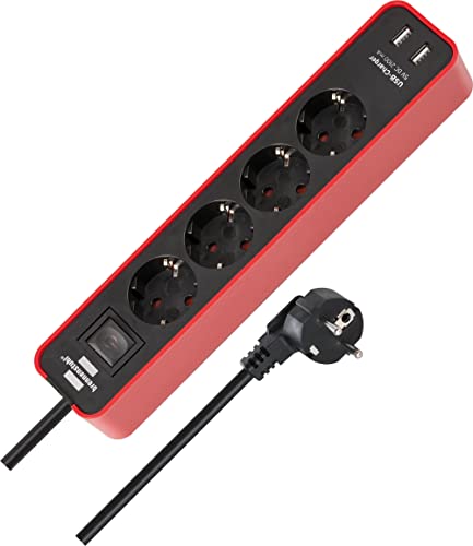 Brennenstuhl Multipresa  Ecolor a 4 vie con presa di ricarica USB (presa multipla con 2x caricabatterie USB, interruttore e cavo da 1,5 m) rosso/nero