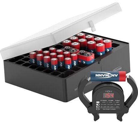 Ansmann Scatola per batterie con tester 48 batterie 20x Micro AAA 24x stilo AA 4x 9V Organizer portatile con coperchio semi trasparente chiusura