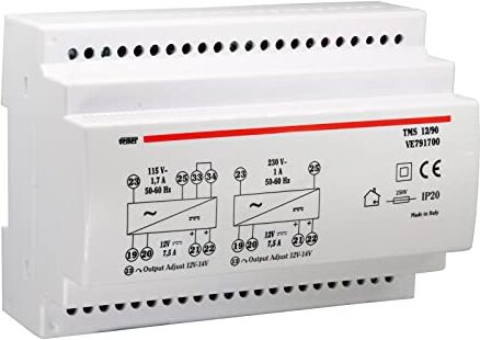 VEMER VE791700 TMS 12/90 Alimentatore 12V Switching Stabilizzato, Trasformatore con Installazione su Barra DIN, Tensione di Uscita 12 Vdc, Potenza 90 W, Bianco