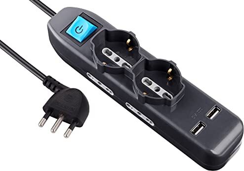 Electraline Multipresa 6 Posti 2 Polivalenti Schuko 4 Bivalenti 10/16A 2 Prese USB 2.1A -Cavo 1,5 M, Nero