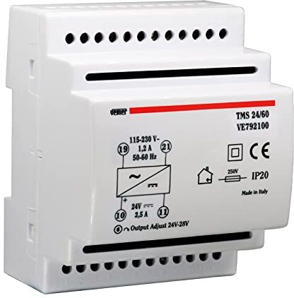 VEMER VE792100 TMS 24/60 Alimentatore 24V Switching Stabilizzato, Trasformatore con Installazione su Barra DIN, Tensione di Uscita 24 Vdc, Potenza 60 W, Bianco