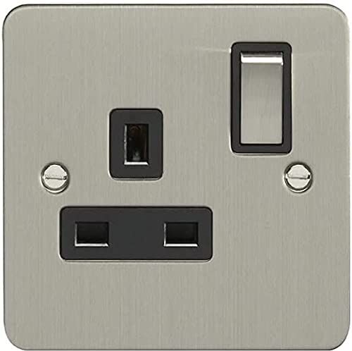 EuroLite 1 Gang 13Amp DP Switched Socket Migliorare Piatto In Acciaio Inox Satinato Piatto Corrispondenza Rocker Nero Trim