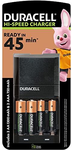 Duracell Caricabatterie da 45 Minuti, con incluse batterie ricaricabili, 2 AA + 2 AAA