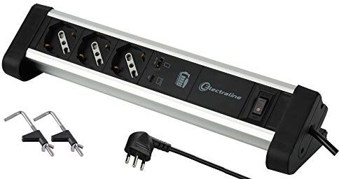 Electraline Multipresa Scrivania 3 Posti Polivalenti, Schuko + 10/16 A, 2 65W, 1 Type C per Computer + 1 USB 3.0A QuickCharge, Supporti Fissaggio, Nero/Argento, Presa