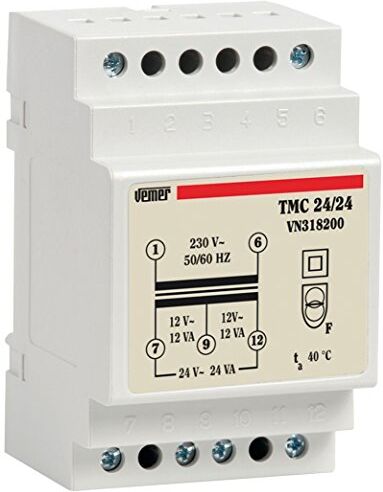 VEMER TMC 24/24 Trasformatore 24V per Servizio Continuo, Installazione su Barra DIN, Potenza 24V, Bianco