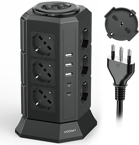 Voomy Multipresa Verticale con 12 Prese Universali ITA (4000W 10/16A), 2 USB C (20W PD3.0) e 3 USB A, Ciabatta Multipresa Protezione Sovratensione con 2 Interruttori Indipendenti, 2M Cavo, Nero