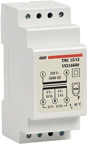 VEMER TMC 15/12 Trasformatore 12V per Servizio Continuo, Installazione su Barra DIN, Potenza 15V, Bianco