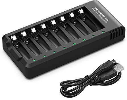 POWEROWL AA AAA Caricabatterie per Pile Ricaricabili 8 Slot Indipendente Ni-MH Ni-CD Ricaricabili Caricabatterie con Indicatore LED (Senza Adattatore)