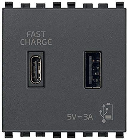 VIMAR Eikon Presa USB 5 V 3 A, 1 uscita USB tipo A e 1 tipo C, erogano complessivamente 3 A per caricare un dispositivo fino a 3 A o contemporaneamente due dispositivi