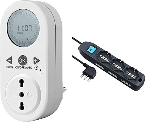 Electraline 58106 Timer Programmatore Digitale Giornaliero Con Intervallo Programmazione, Bianco & 62019 Multipresa 9 Posti 3 Polivalenti Schuko 10/16A + 6 Bivalenti 10/16A-Cavo, Nero, 1.5 M