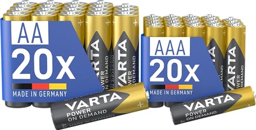 Varta Batterie 20x AA & 20x AAA, confezione da 40, pile Mix Pack, Power on Demand, Alcaline, pacco di stoccaggio in confezione ecologica, Made in Germany [Esclusivo su Amazon]