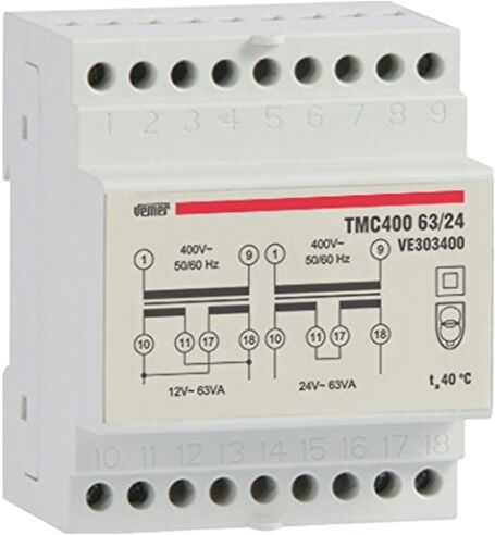 VEMER TMC 400 63/24 Trasformatore 24V per Servizio Continuo, Installazione su Barra DIN, Potenza 63V, Tensione Primario 400V, Bianco