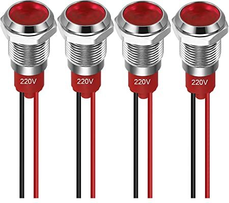 Guuzi 4pcs 10mm Indicatore LED 220-230V Indicatore Luminoso Impermeabile Pannello in Metallo Indicatore LED Indicatore Luminoso Montaggio a Pannello Testa Piatta con Fili Guscio Argento (Rosso)