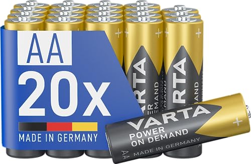 Varta Batterie AA, confezione da 20, pile Power on Demand, Alcaline, 1,5V, pacco di stoccaggio, per accessori computer, dispositivi Smart Home, Made in Germany [Esclusivo su Amazon]