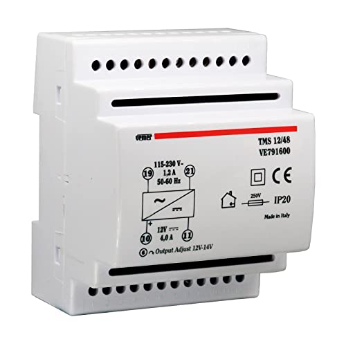 VEMER VE791600 TMS 12/48 Alimentatore 12V Switching Stabilizzato, Trasformatore con Installazione su Barra DIN, Tensione in uscita 12 Vdc, Potenza 48 W, Bianco