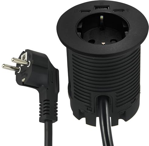 Electraline Multipresa Scrivania/Presa da Incasso Grommet da Tavolo con Power Delivery 25W 2 USB (1 USB di tipo C+ 1 USB di tipo A) + 1 HUB USB-C 2M, D60mm, 1 Presa Schuko + Spina Schuko