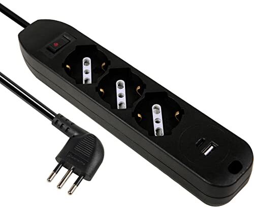 Electraline Multipresa 3 Posti P40 Polivalenti + 2 USB (1 Tipo A + 1 Tipo C) 17W con interruttore con Protezione da Sovracorrente, Spina Piccola Italiana 10A Salvaspazio, Cavo 1,5M