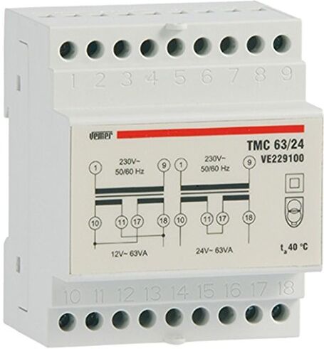 VEMER TMC 63/24 Trasformatore 24V per Servizio Continuo, Installazione su Barra DIN, Potenza 63V, Bianco