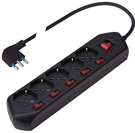 Zhovee POLY POOL  Ciabatta Multipresa Elettrica MULTI SWITCH 5 Prese Schuko Multistandard Bivalenti Spina Salvaspazio 5 Interruttori per Ogni Presa Ciabatta con Interruttore Nera Cavo 1,5m