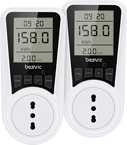 Besvic Misuratore Consumo Elettrico,  Misuratore di Consumo Elettrico 3680W, Spina Italiana, Misuratore Corrente con ampio Schermo LCD, 7 modalità di monitoraggio, Protezione da Sovraccarico【2 Packs】