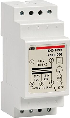 VEMER TMD 10/24 Trasformatore 24V per Campanelli, Installazione da Barra Din, Tensione Primario 230V, Tensione Secondario 12-24V, Potenza 10V, Bianco