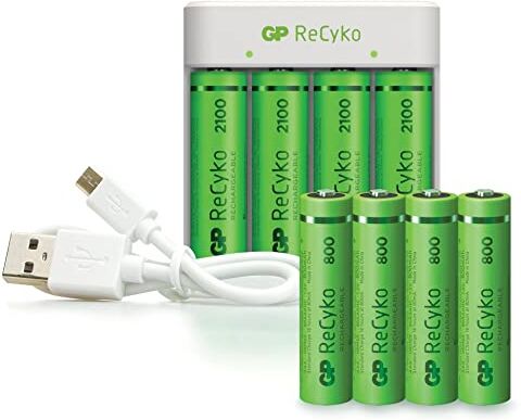 GP Battery Caricabatterie USB Recyko con 4 Batterie Ricaricabili 1,5V Stilo AA NiMH 2100mAh e 4 Batterie Ricaricabili 1,5V Mini Stilo AAA NiMH 800mAh incluse