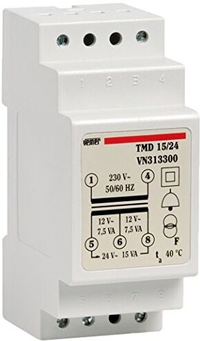 VEMER TMD 15/24 Trasformatore 24V per Campanelli, Installazione su Barra Din, Tensione Primario 230V, Tensione Secondario 12-24V, Potenza 15VA, Bianco