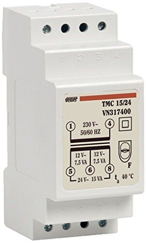 VEMER TMC 15/24 Trasformatore 24V per Servizio Continuo, Installazione su Barra DIN, Potenza 15V, Bianco