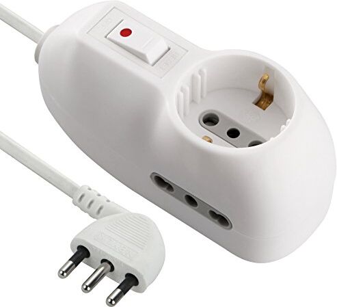 Electraline Multipresa Protetta, Cavo da 1 m, 3G0.75, Spina 10 A, Prese 1 Italiana/Tedesca e 2 Bipasso 10/16A, Interruttore di sicurezza, Bianco, 1m